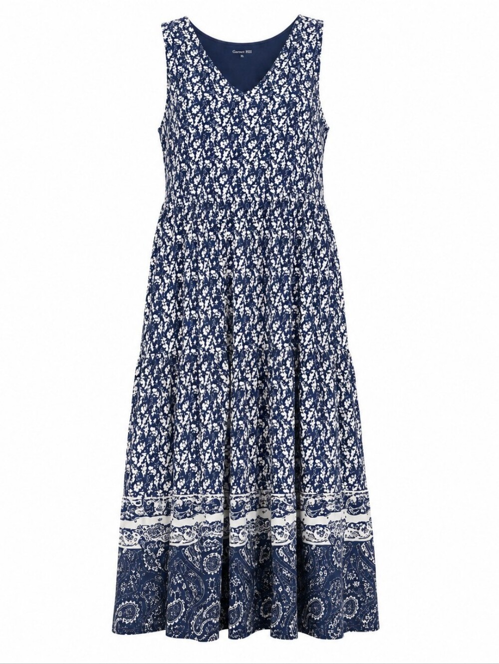 GARNET HILL | Tencel Lyocell Beachy Tiered Lined Maxi Dress Navy White‎ | XL